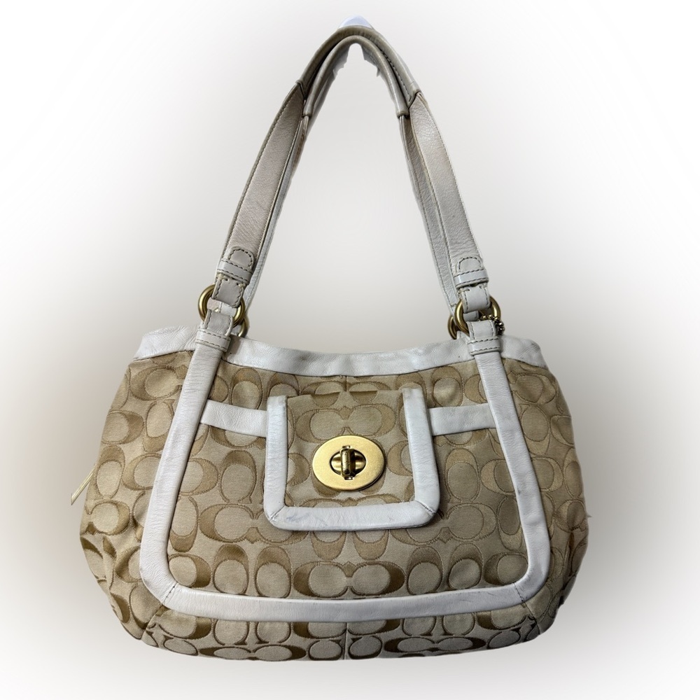 Coach Cricket 13604 Signature Tan Shoulderbag White Leather Trim Turn Lock Bag